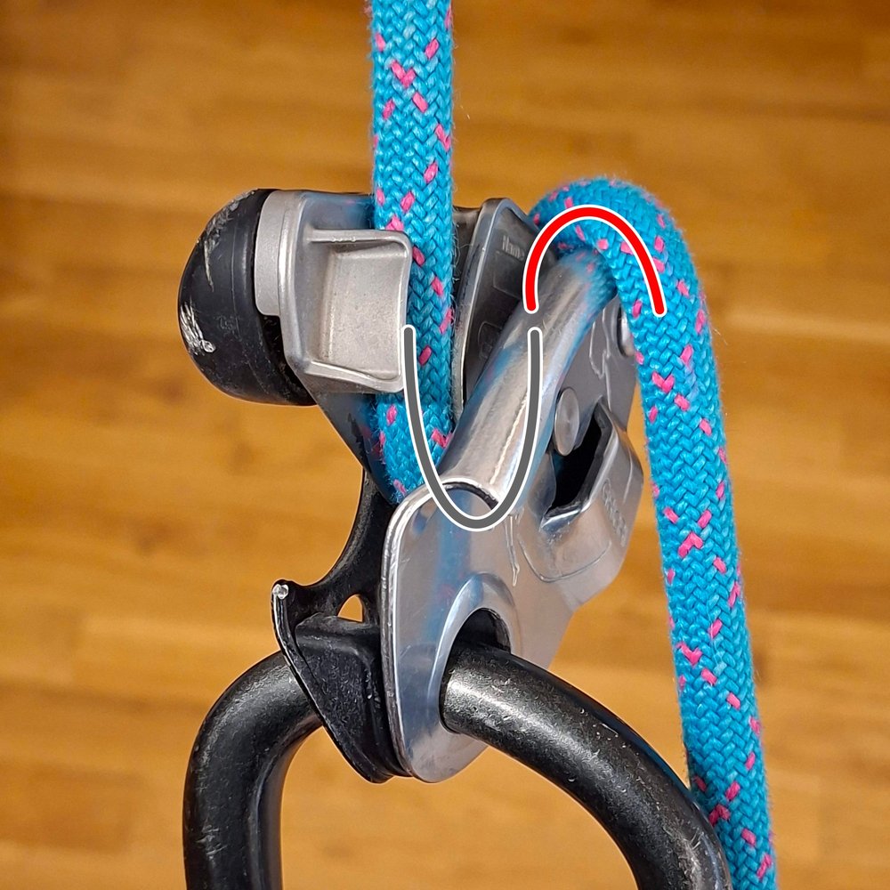 A blue rope running through a Grigri belay device. A gray line traces the bend inside the device
                  and a red line the bend over the lip, which here spins the rope left-handed.