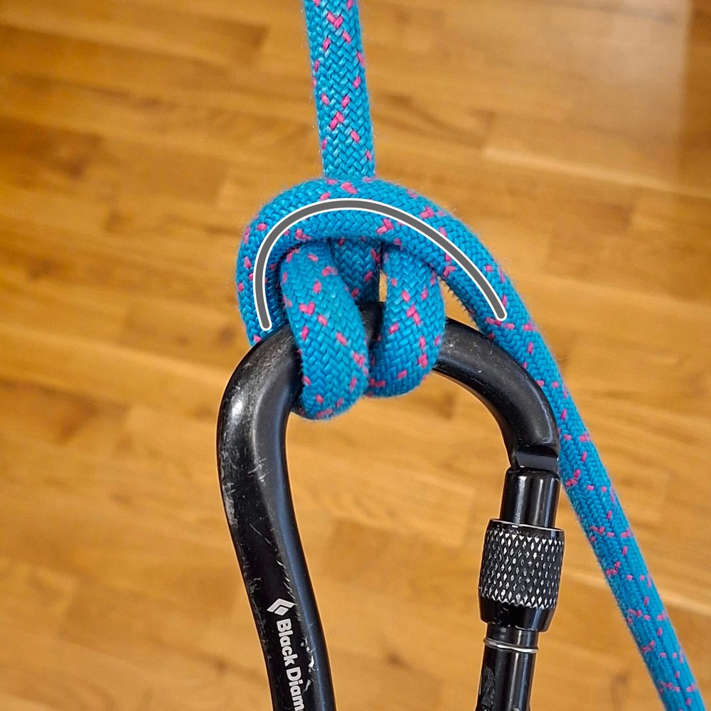 The Munter hitch with the brake strand led over the top of the knot and down the other side. A long
                  gray line traces a wide, gentle bend.